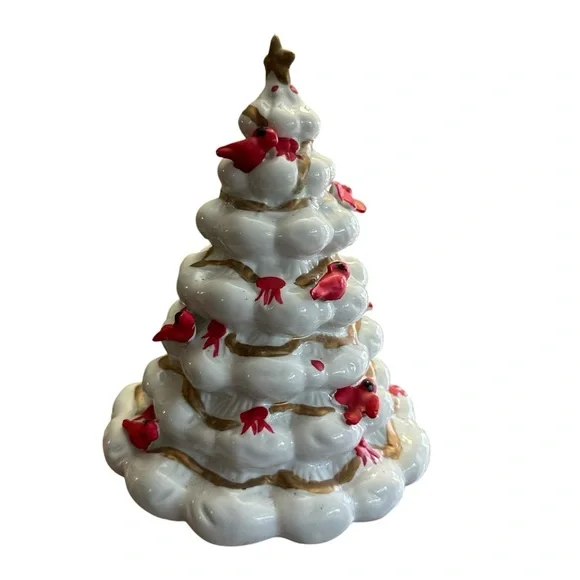 Vintage White Ceramic Christmas Tree Red Cardinals Gold Accents - Picture 2 of 5